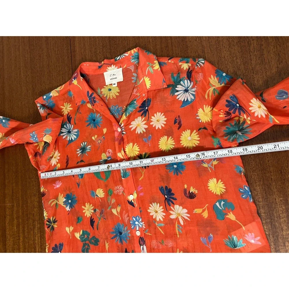 Sezane x C. Kero Floral Cotton Silk Blend Blouse Shirt Orange Daisy Print 36 EU - Picture 6 of 14